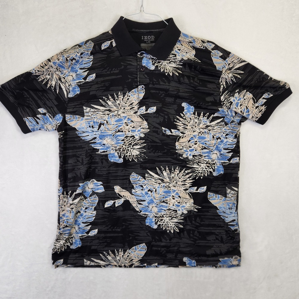 IZOD Golf Classics Mens Large Black Blue Tropical Floral Hibiscus Polo Shirt